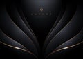 Black background with layered 3d abstract curve shape. Minimal luxury template design with gold. Vector.